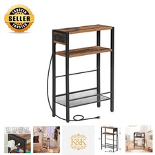 Rustic Brown Narrow Side Table with Charging Station  3 Shelves - Space Saver