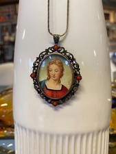 ANTICO CIONDOLO SPILLA  ARGENTO 800 CORALLO MINIATURA DIPINTO fine '800