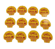 12X INSEGNA SMALTATA PORCELLANA OLIO MOTORE BENZINA SHELL 6X6 POLLICI FUSTELLATA