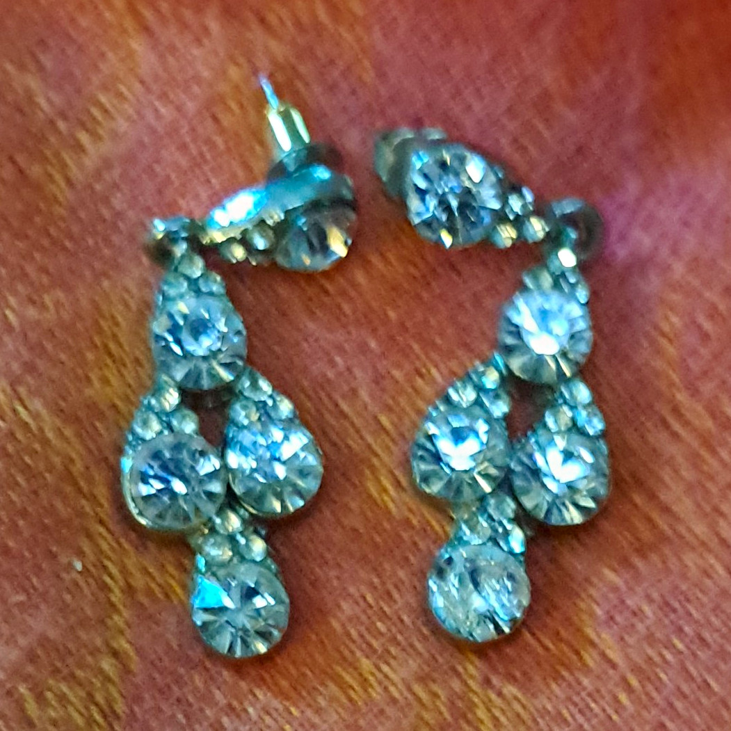 Clear Crystal Silver Tone Dangle/Drop Earrings Prong Set Butterfly Back
