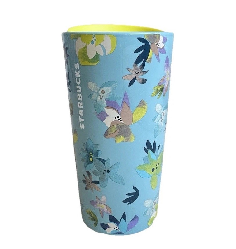 EUC STARBUCKS Blue Flower Ceramic Tumbler 12 oz Travel Mug Cup Magnolia 2013