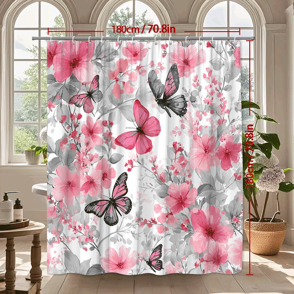 Cortina de chuveiro floral rosa com borboletas e folhas cinza para decoração feminina - Imagem 3 de 4
