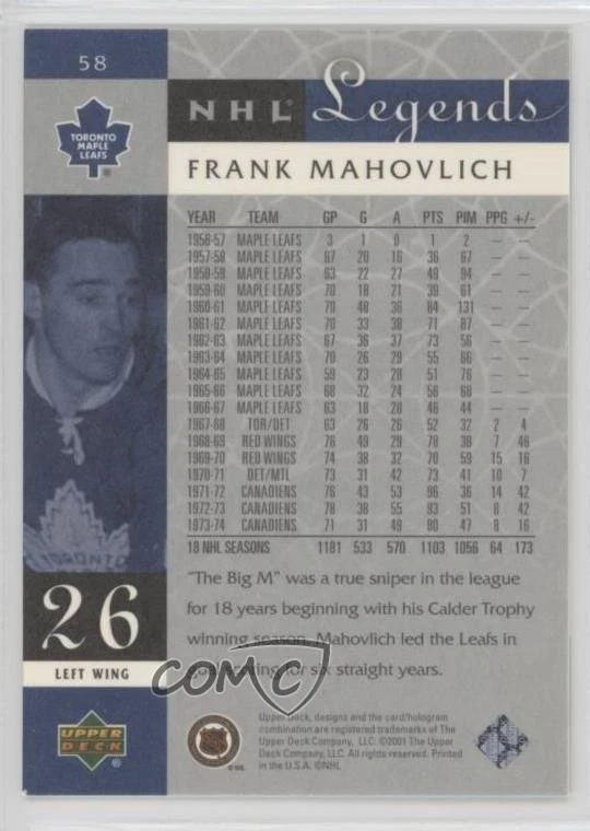 2001-02 Upper Deck Legends Frank Mahovlich #58 HOF - Image 2 of 2