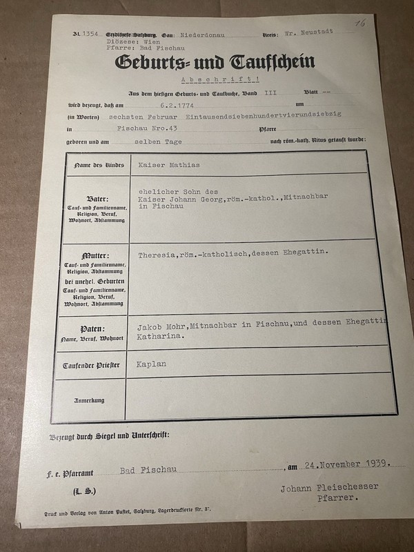1939 Austrian Birth & Baptismal Certificate - Bad Fischau Document - Genealogy