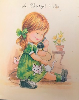 Vintage Get Well Card Adorable Girl On Old-Fashioned Phone White Kittens Playing