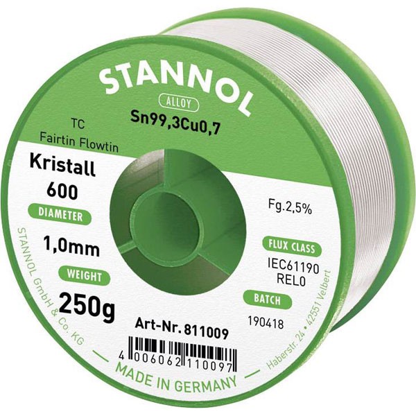 Stannol Kristall 600 Lead-Free Solder Sn99.3Cu0.7 REL0 250g 1mm
