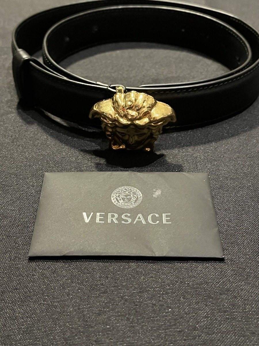 VERSACE GOLD 3D LA MEDUSA ITALIAN PALAZZO BLACK LEATHER BELT 85cm