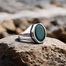 Green Onyx Signet Ring 925 Sterling Silver Handmade Gemstone Jewelry For Womens
