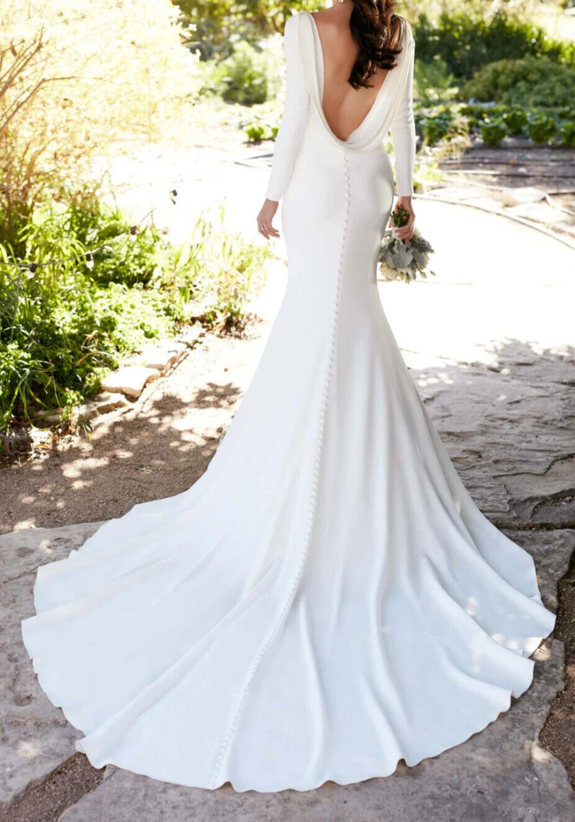 chinese dress ladies Illusion Neckline Beads Long Sleeves Mermaid Wedding Dress US12 / Ivory