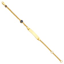Real 14K Yellow Gold 6" Inch Rolo Chain Evel Evil Eye Blue Child Kid ID Bracelet