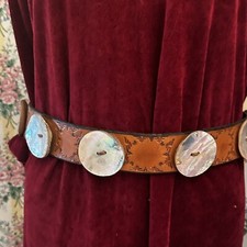 Vintage BOHO Hippi Tooled Leather Belt Only Mother of Pearl Shells 2  NO BUCKLE