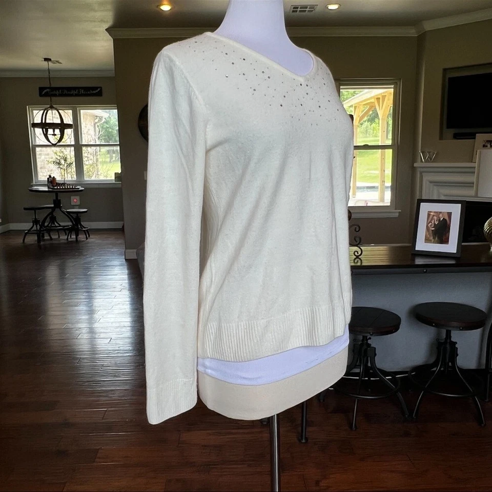Suéter De Colección Debbie Morgan Para Mujer Grande L Crema Adorno de Cristal Tachuelas Foto 2 de 4