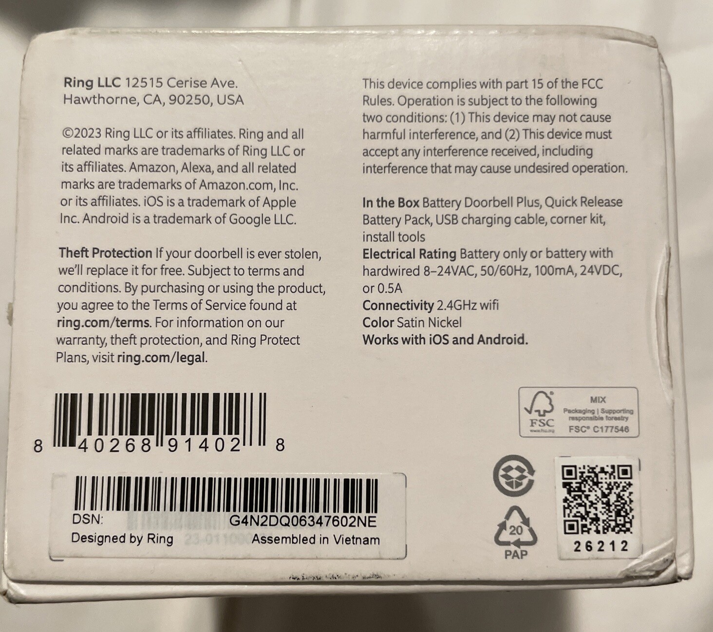 Ring Battery Doorbell PLUS 1536p HD Video WiFiSecurity Camera Brand