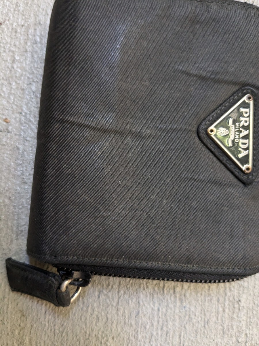 Prada Wallet Black Nylon Zip Around Tessuto Milano Silver Italy
