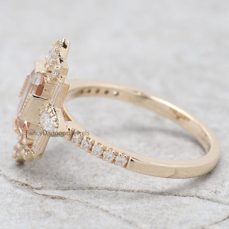 Anillo de compromiso vintage de morganita corte esmeralda de 0,85 quilates anillo de bodas baguette Foto 3 de 4