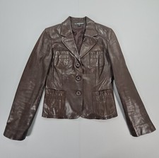 Tf Atelier Womens Leather Jacket Brown Small Button Front Collared Soft Leather