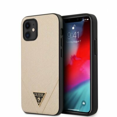 Original Guess Saffiano V-Stich Abdeckung für iPhone 12 Mini - Gold