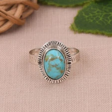 925 Sterling Silver Textured Oxidize Ring With Kingman Turquoise Gift For Sister
