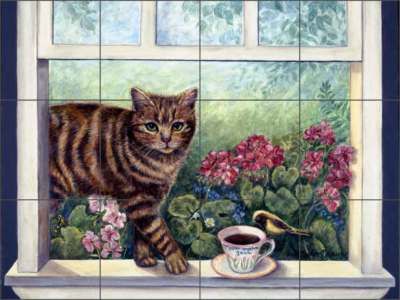 Coffee Cat Tile Backsplash Kitchen Carolyn Paterson Art Ceramic Mural CPA006