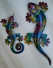 GECKO METAL WALL LIZARD POOL PATIO DECOR BEACH TROPICAL  12" + 18" set / 2 