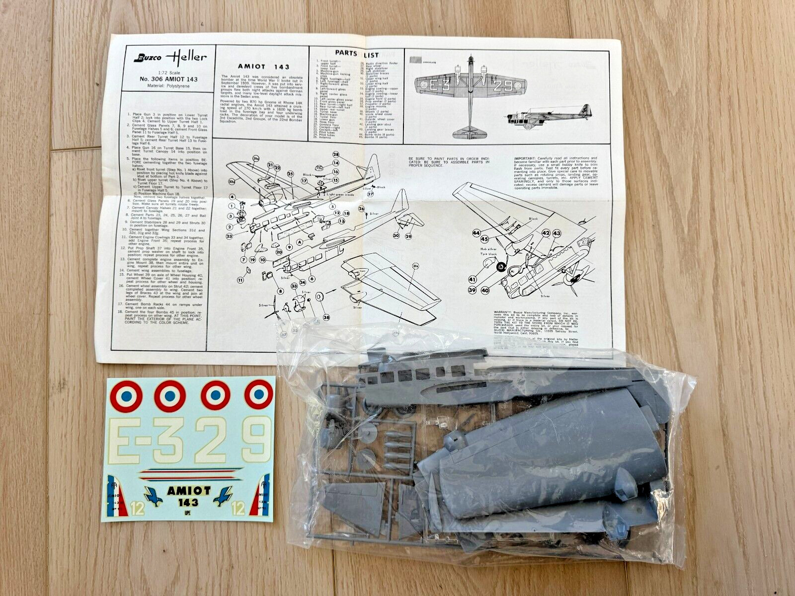 Vintage BUZCO Heller Amiot 143 1:72 Scale Model Original Box, Sealed Bag, Decals