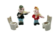 Vintage Miniature Musician Dollhouse Size Figures and 2 Porcelain Chairs Japan