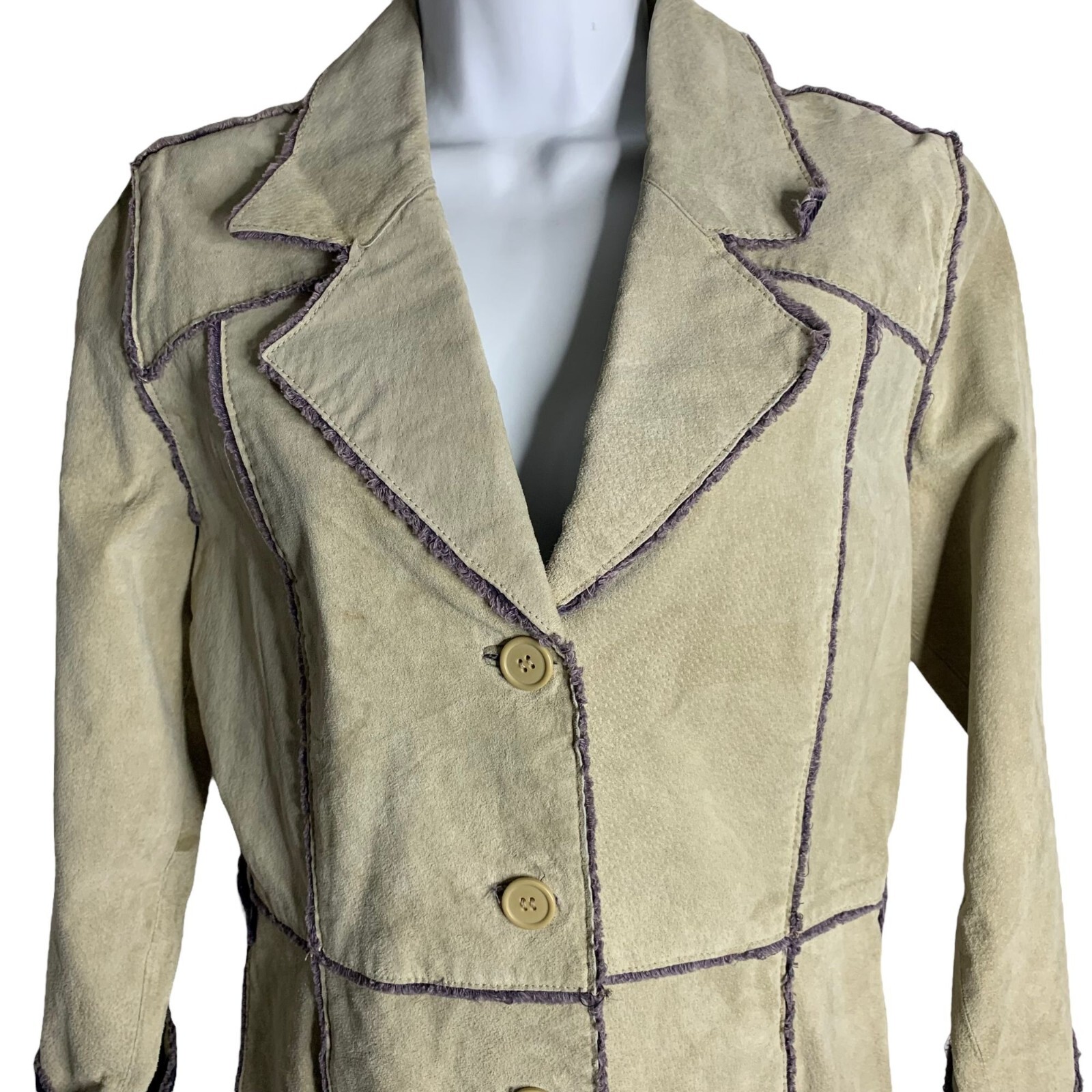 Vintage Leather Patchwork Jacket M Beige Corduroy… - image 2