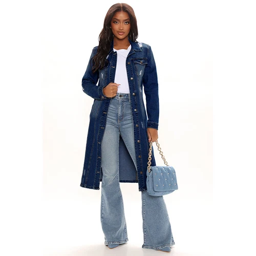 Damen Mode Denim Windbreaker Lange Vintage Denim Mantel Lange Jeansjacke Mantel - Bild 3 von 18