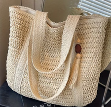 Boho Straw Tote Bag for Women Large Woven Shoulder bag Beach Bag Beige/Ivory