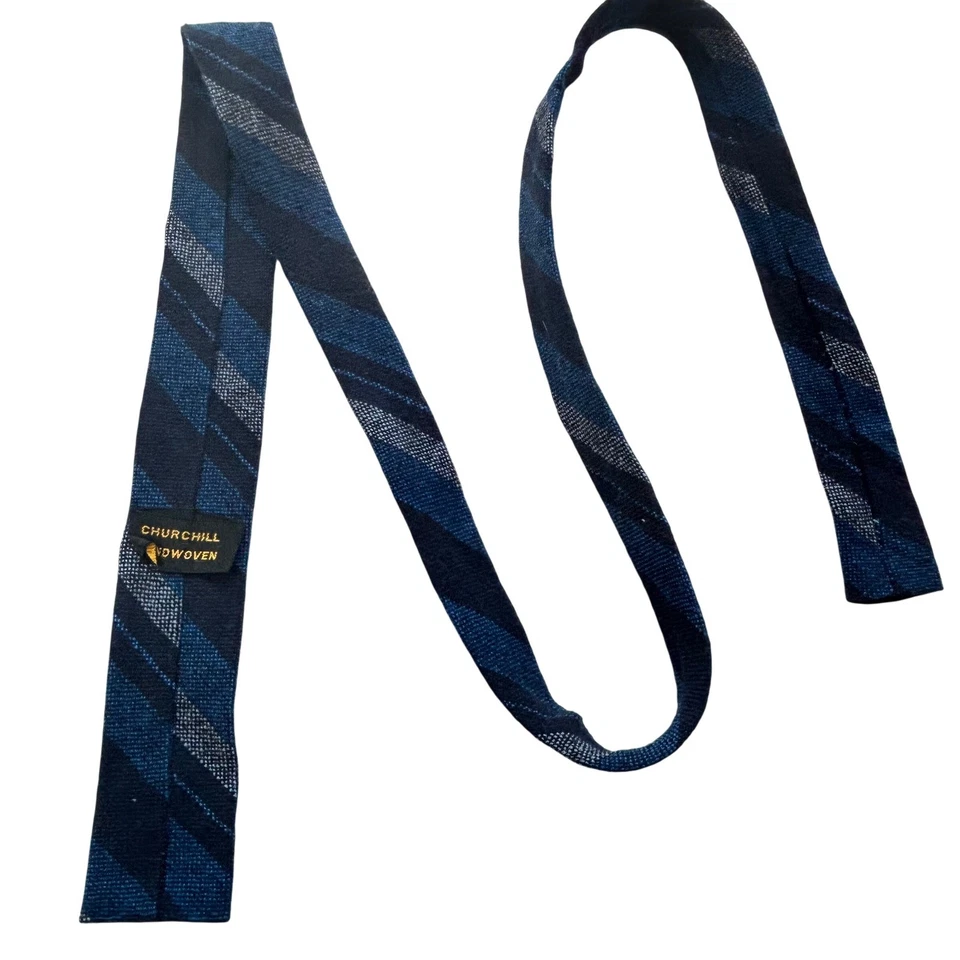 Churchill Weavers 紧身羊毛领带手工编织方形蓝色灰色条纹 60-70 年代 — 第 3/4 张图片