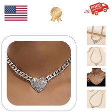 Rhinestone Heart Necklace for Women Gold Silver Heart Pendant Choker Necklace...