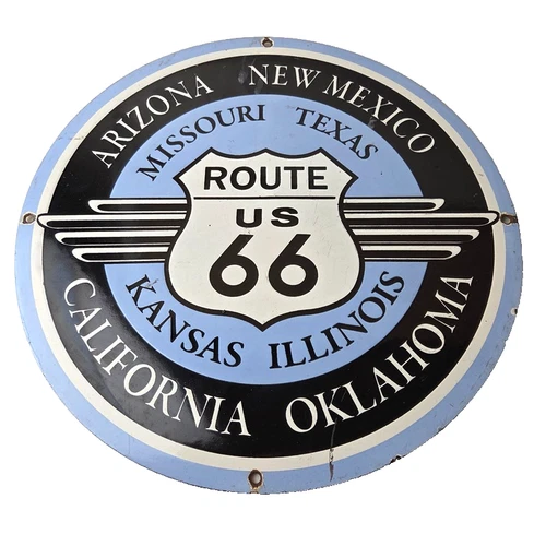 Vintage US Route 66 Sign - Porcelain States Shield Old Road Gas Pump Sign