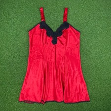Vintage Red Lace V-Neck Chemise Night Satin Wide Strap Gown Slip Dress Sz M
