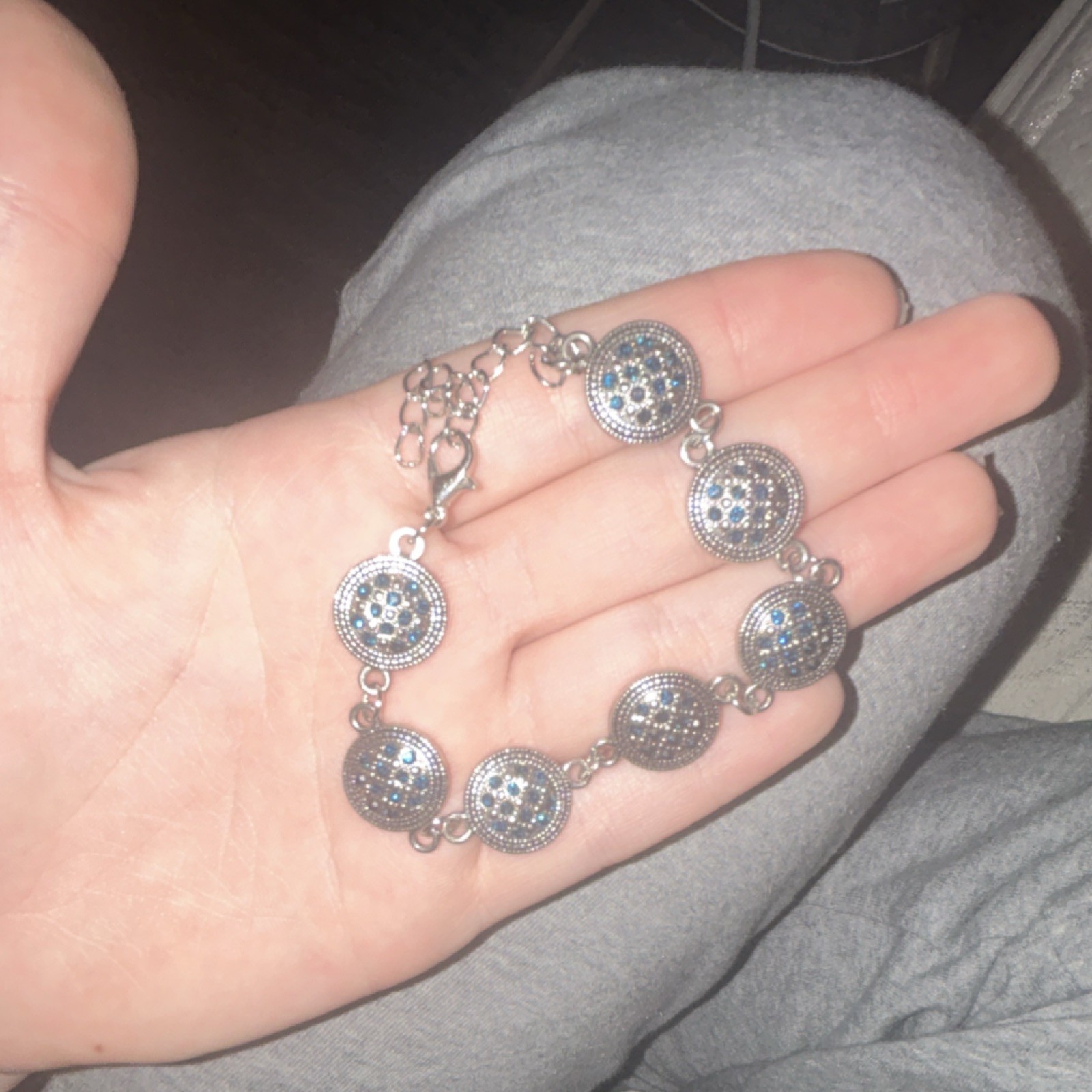 Silver beaded bracelet, blue stone, round shape, lobster closure, metal