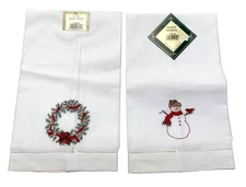 2 X ~ Christmas Guest Towels Tea Hand Embroidered Wreath Snowman Linen Look~ New
