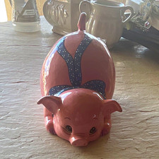 Pink Ceramic Pig Piggy Bank with Ribbon Accents, Animal Theme