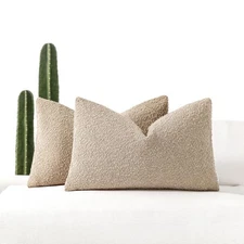 Boucle Decorative Lumbar Pillow Covers for Couch Set of 2, 12x20 inches, Oatmeal