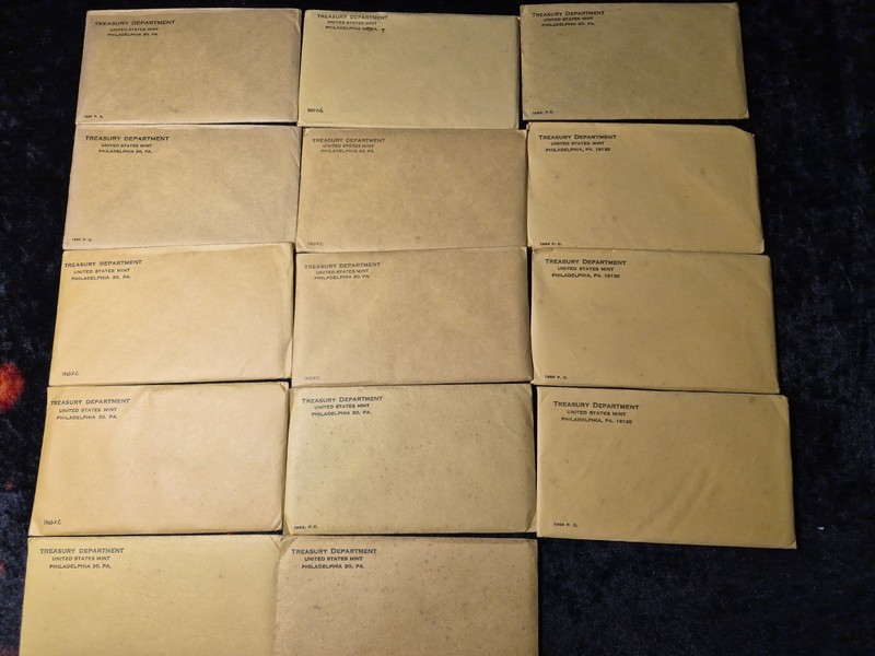 14 U.S. Mint Silver Proof Sets 1957-1964 Original Sealed Treasury Envelopes OGP