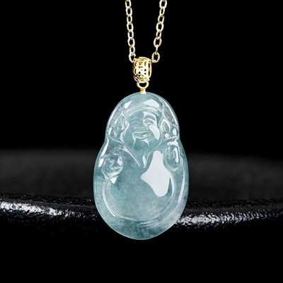 Real Grade A 100% Natural Blue Jade Jadeite 18K Clasp Buddha Pendant Necklace