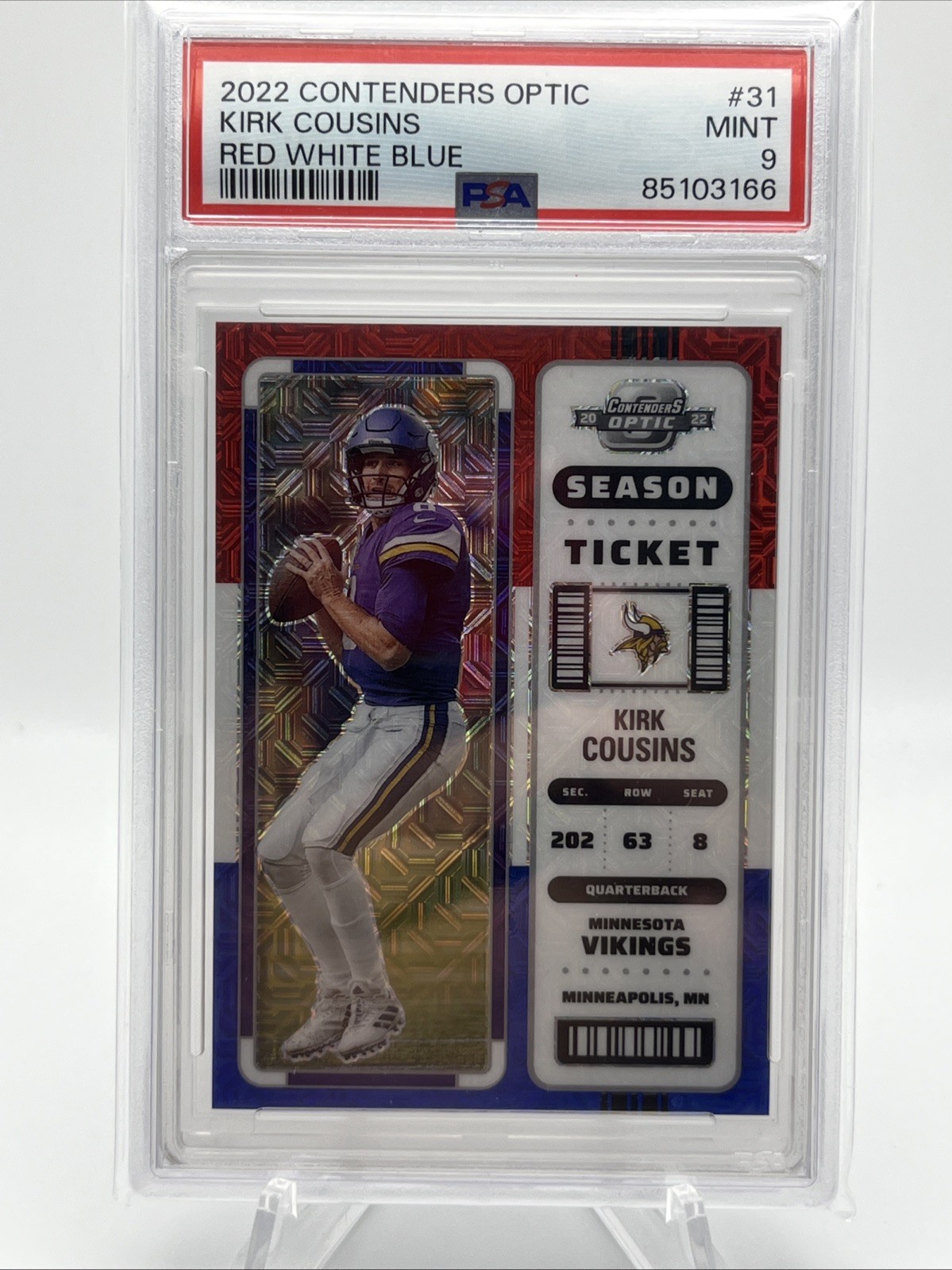 2022 Contenders Optic Season Ticket Red White Blue Kirk Cousins 13/13 PSA 9 #31