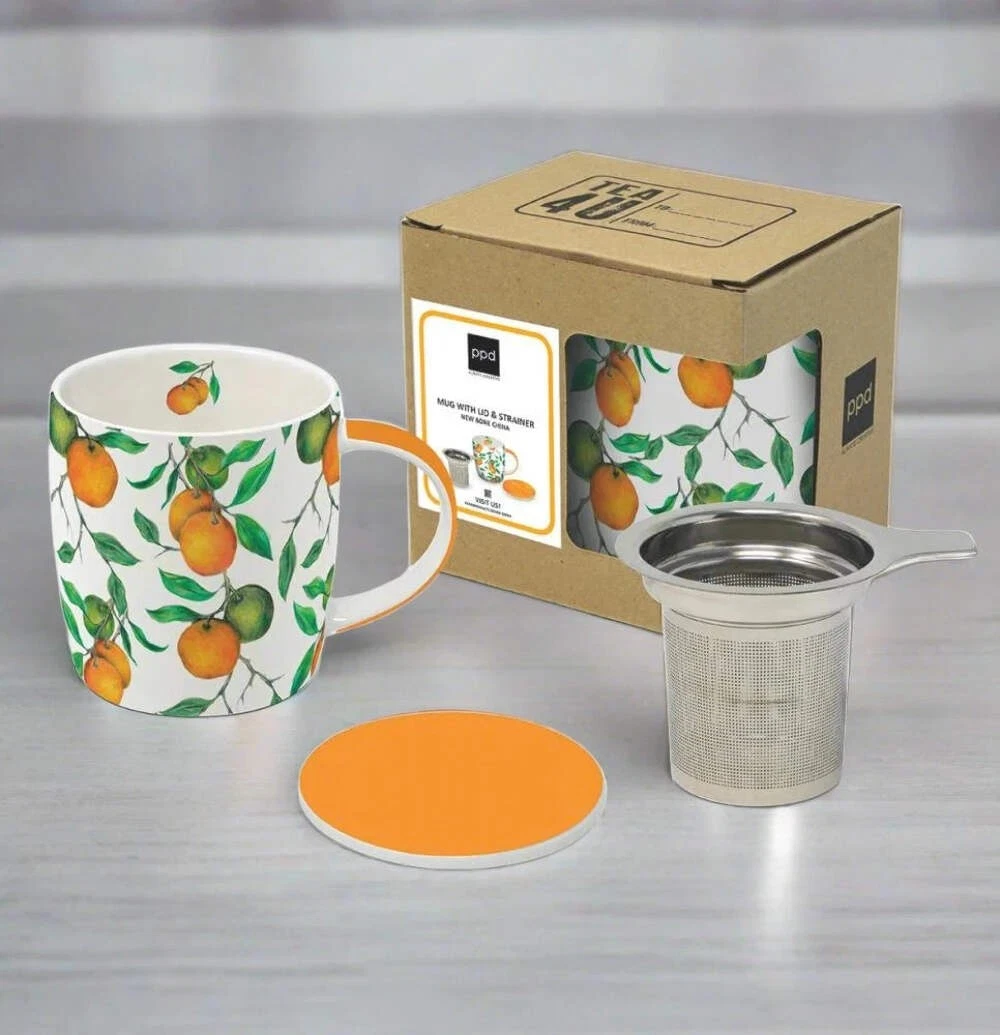 Paper Products Design Beautiful Oranges Tea Mug with Lid and Strainer