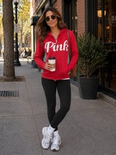 PINK Victoria s Secret Full Zip Hoodie Women s Medium Red Logo Sweatshirt