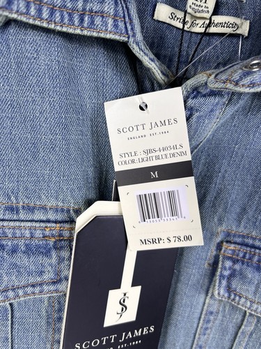Nuova camicia Scott James denim perla snap uomo blu chiaro medio maniche lunghe - Foto 5 di 9