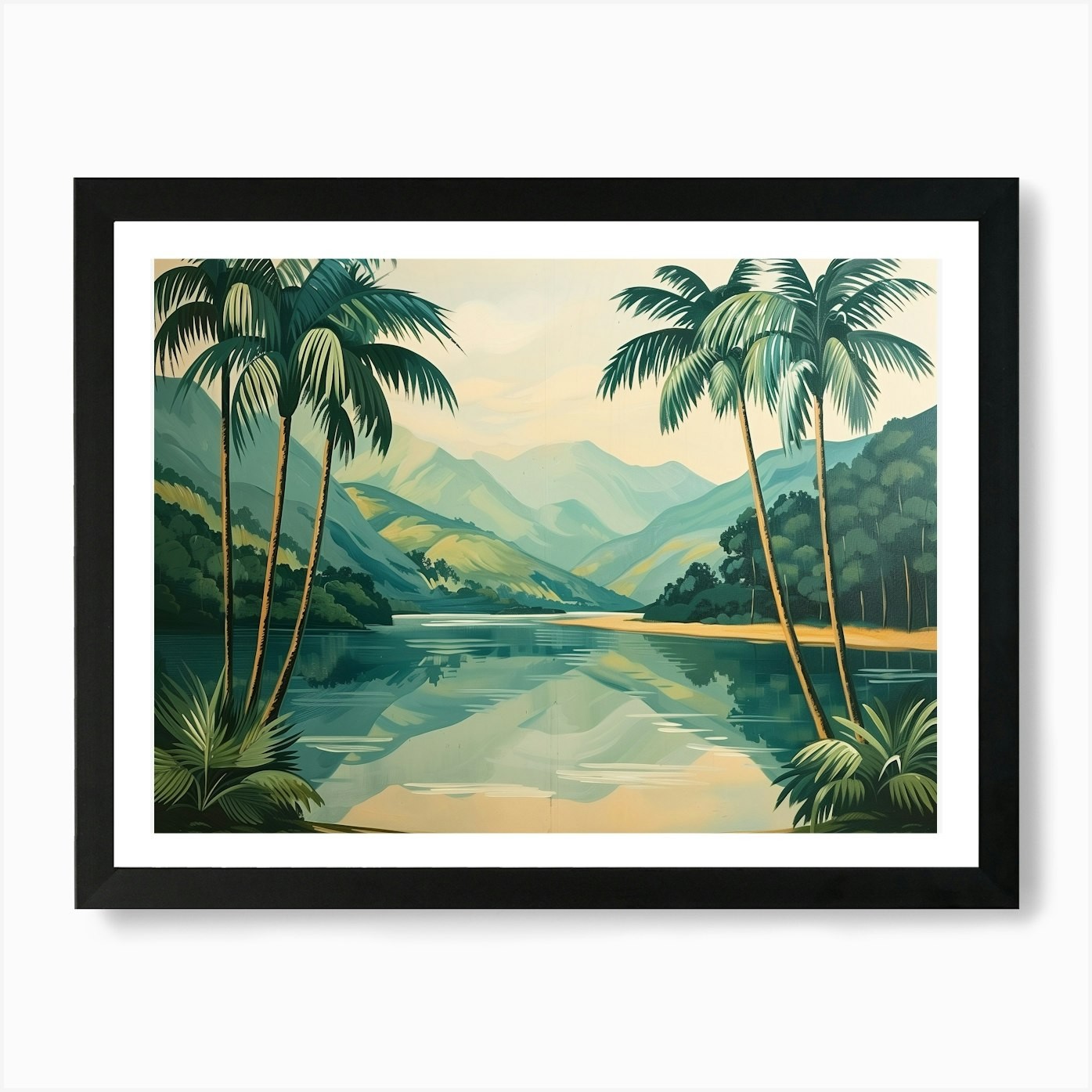 Palm Trees By The Lake Framed Canvas Art Print Wall Decor