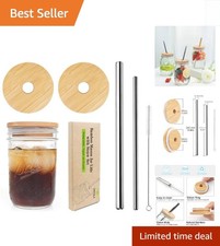 Set of 2 Wide Mouth Mason Jar Lids with Stainless Steel Straws - Natural Bamboo