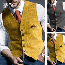 Yellow/Gray Mens Tweed Waistcoat Vintage Plaid Vest V-Neck Herringbone Casual S-