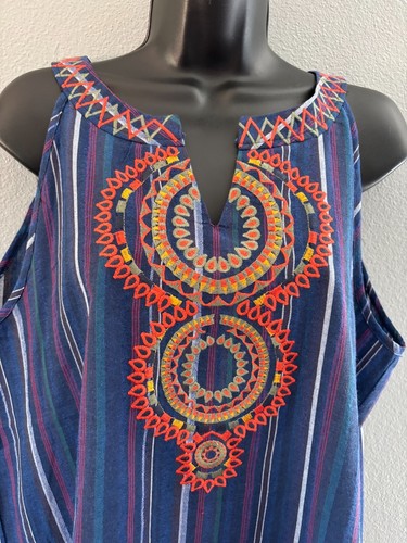 NWT I Love Halter Top Womens Size Large Blue Striped V Neck Embroidered - Picture 2 of 10