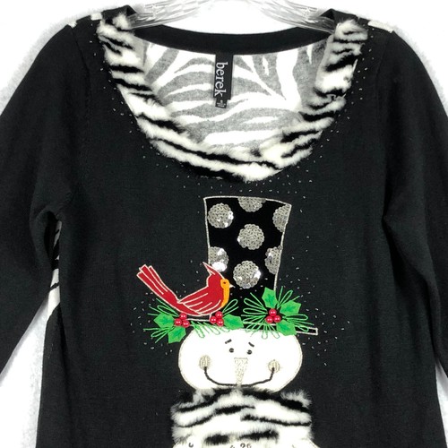 Berek Christmas Sweater Snowman Cardinal Black White Fur Zebra Sequin Sz Small - Picture 3 of 7