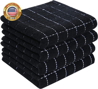 100% Cotton Terry Kitchen Towels(Black, 13 X 28 Inches), Checkered Designed, Sof