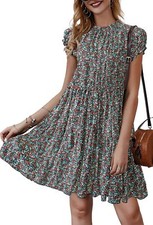 Women's Sleeveless Ruffle Sleeve Crew Neck Floral Print Mini Dress Medium